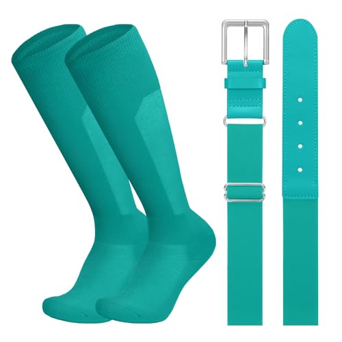 LEACOOLKEY Baseball Belt and Socks Combo Set Breathable Softball Socks and Elastic Belt for Youth Boys Girls Teal