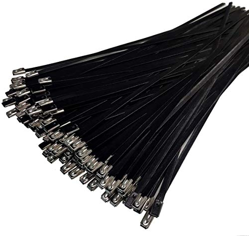 Image of ADD GEAR Stainless Steel (316) - Black Self-Locking Cable Zip Ties Exhaust Wrap Multi-Purpose DIY Locking Cable Metal Zip Ties - Black (200 mm / 8 inches) (20)