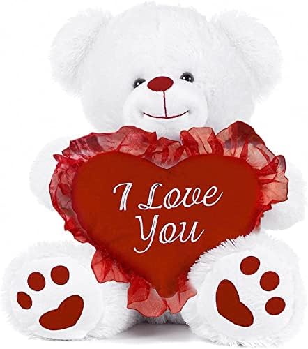 Ari & Deb 25cm White Plush Valentines Teddy Bear holding a Red Heart with I Love You. Teddy with heart.