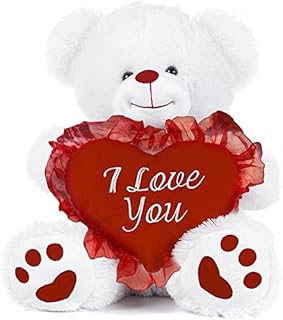 Ari & Deb 25cm White Plush Valentines Teddy Bear holding a Red Heart with I Love You. Teddy with heart.