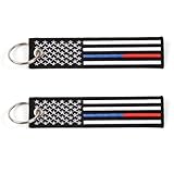 Great 1 Thin Blue Red Line American Flag Keychain Tag with Key Ring & Carabiner 2-Pack - Police & Firefighters