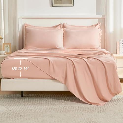 Image of Andency Oversized King Comforter Set with Sheets 120x120 Pink - 7 Pieces Boho Tassel Bed in a Bag Soft Lightweight Bedding Sets, Fringe Bed Set with Comforter, Sheets, Pillowcases & Shams