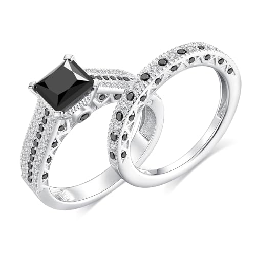 3CT Moissanite Wedding Ring Set for Women Black Asscher Cut D Color VVS1 Moissanite Bridal Set S925 Sterling Silver 18K White Gold Plated Genuine Moissanite Engagement Rings for Her Size 5-10