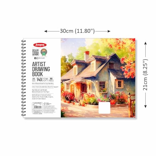 Image of Anupam Artist Drawing Book for Sketching with Cartridge Paper for Sketching Wiro Binding 140GSM 50 Sheets, 100 Pages for Artists, Kids & Professionals for Marker Colored Pencil Pastels (A4 Size)