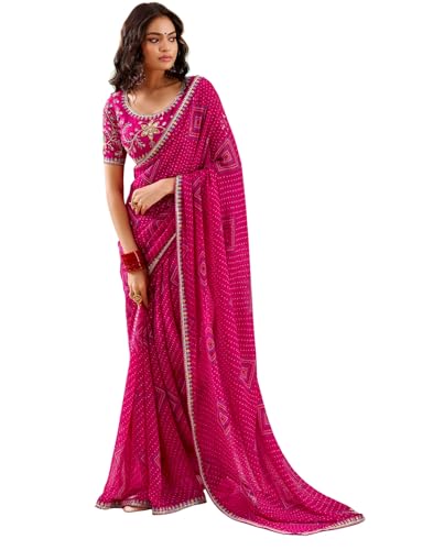 Image of SIRIL Women's Georgette Bandhani Printed, Embroidery Lace Saree With Unstitched Blouse Piece
