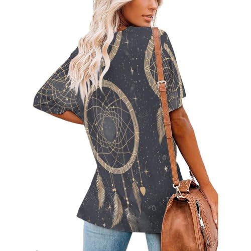 Chemisiers femme à manches courtes attrape-rêves blouse constellation gris anthracite col en V