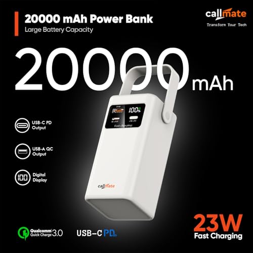 Image of CALLMATE Tripmate 20000mAh 23W Fast Charging Power Bank, USB-C PD + USB-A QC Output with Detachable Type-C & Lightn-ing Cable (LED Foldable Light with Digital Display)(Off-White)