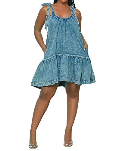 Women Denim Cami Dress Tie Shoulder Ruffle Hem Short Dresses Babydoll Wash Jean Sundress with Pocket