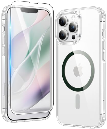 Image of FNTCASE for iPhone 13 Pro Case: Clear Magnetic Phone Cases Compatible with Magsafe Slim Anti Yellowing Military Grade Drop Protection Rugged Protective Transparent Cell Phone Cover (D-Green)