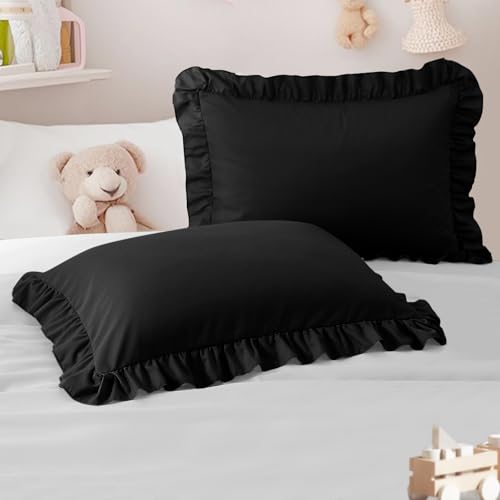 Image of 13 inchx18 inch Toddler Pillow Cases Set of 2, Black Ruffled Pillow Shams Brushed Microfiber Nursery Pillow Cover for Boys Girls, Soft Breathable Machine Washable