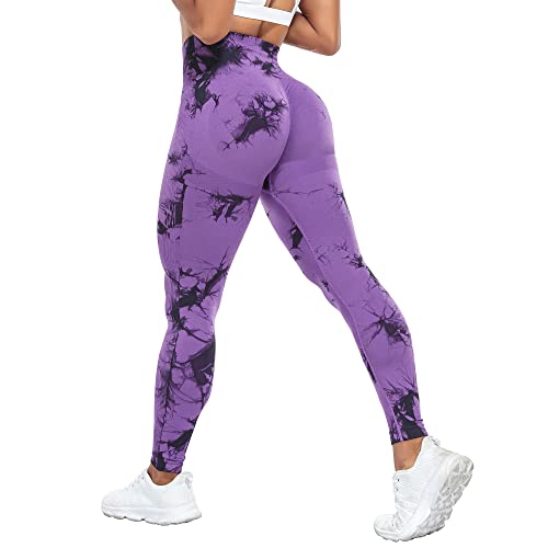 Yaavii Tie Dye Seamless Gym Leggings for Women High Waist Butt Lifting Yoga Pant Workout Running Purple S