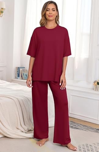 Image of PrinStory Womens Pajamas Sets 2 Piece Lounge Set Short Sleeve Tops and Long Pants Soft Pjs Loungewear with Pockets