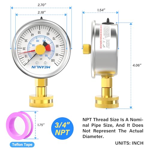 Image of MEANLIN MEASURE Stainless Steel 0~100Psi 3 /4 inch Female Water Pressure Test Gauge, 2.5 inch FACE DIAL with Red Indicator Hands, Dry Hydraulic Tester Suitable for Gardens, Water Pipes