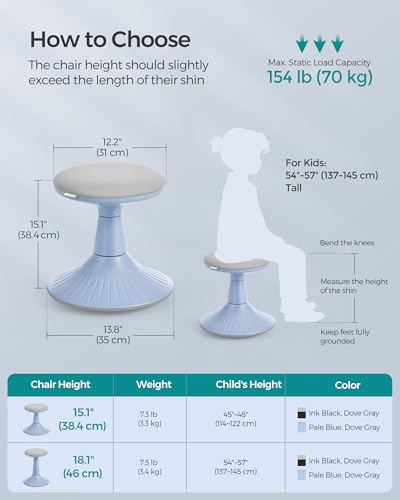 Image of SONGMICS Kids Wobble Chair 5-8Y, Active Sitting Stool with Focus Support, 15.1 inch Height 154 lb Capacity, Anti-Slip Base Tool-Free Assembly, Pale Blue and Dove Gray UOSC009Q01