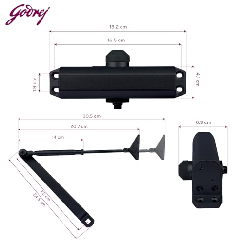 Image of Godrej Door Closer | Cerus Universal Door Closer I Matte Black Finish | Max Door Weight: 85kg | Max Door Width: 1250mm | 180 Opening Angle | Adjustable Closing Speed| 3 Years Warranty