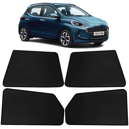 Image of OTO2EYE Car Sun Shade Compatible for Hyundai Grand i10 Nios Model-2023, Z-Black Fix Type Side Window Curtains, Only Half Cut in Front Window, 4 Pieces Set