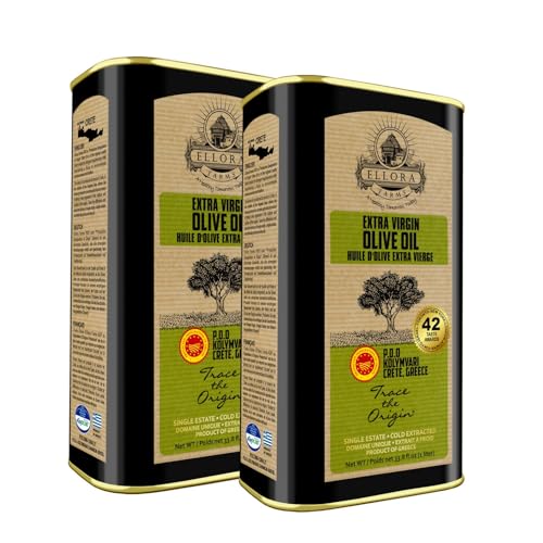 Ellora Farms Olive Oil Extra Virgin, Traceable & Certified PDO Polyphenol Rich Extra Virgin Olive Oil Cold Pressed, Global Gold Awards, Kosher, Single Origin from Crete, Greece 33.8 Fl oz, Pack of 2