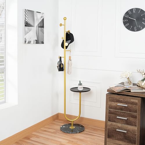JIAYUEJU Coat Rack Freestanding with Table & 6 Hooks, Corner Coat Tree, Heavy-duty Marble Base Coat Rack Stand for Bedroom Living Room Office Entryway 13.78 x 13.78 x 68.11 Inches (Gold) - Thumbnail 4