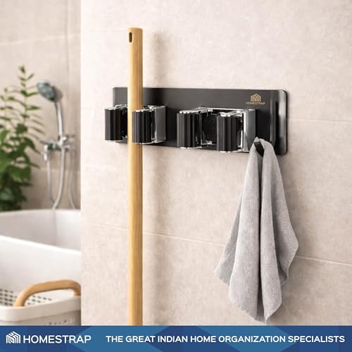 Image of HomeStrap Dual Stick-On Mop & Broom Holder with Rubber Grip | Stainless Steel Wall Holder with Hook for Mops, Brooms, Wiper & Towels | No Drilling Waterproof Self-Adhesive Hook for Daily Use|Set of 1