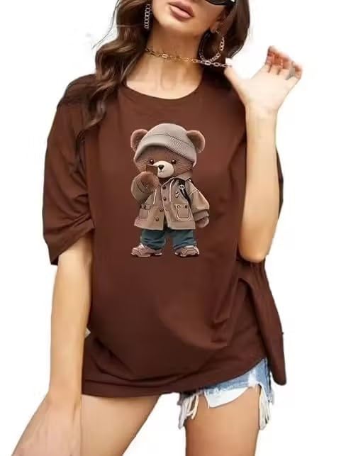 Minimalist Bear Print Oversized Women’s_T-Shirt – Soft Cotton Fabric, Short Sleeves, Trendy Brown Casual Top