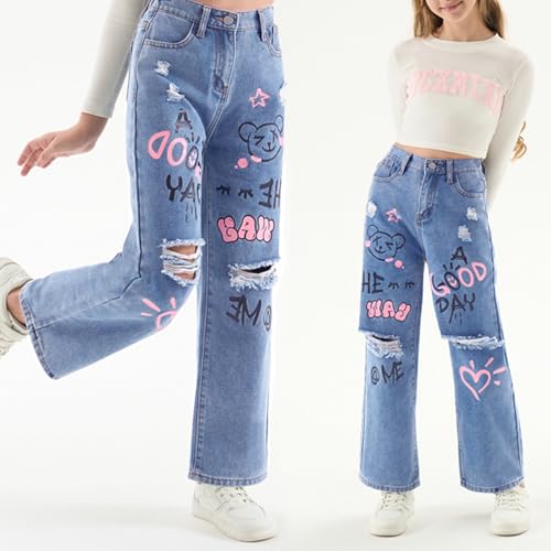 Baggy Jeans for Girls Graphic Prints Ripped Wide Leg Pants Streetwear Adjustable Waist Cute Jeans for Girls Y2K 9-12Y2
