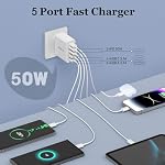 USB C Chargeur mural, 50W 5-Port USB Bloc chargeur C, bloc de recharge rapide 3 USB C + 2 QC Plug mural multiport Type C pour iPhone 12/13/14/15, PD Adaptateur d'alimentation de chargeur rapide pour Samsung S25/S24/S23/Tablet