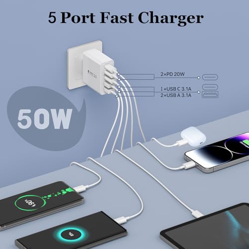 Image of USB C Wall Charger, 50W 5 - Port Charger Block, Fast Charging 3 Type - C + 2 QC Wall Plug Multiport for iPhone 12 /13 /14 /15, PD Fast Charger Power Adapter for Samsung S23 /S22 /S21 /Tablet