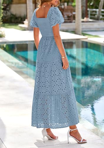 Image of PRETTYGARDEN Summer Dresses for Women 2026 Eyelet Square Neck Puff Sleeve Smocked Wedding Guest Maxi Dress with Pockets