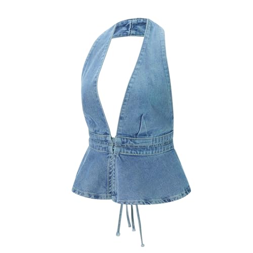 Women Y2K Denim Vest Vintage Sexy Sleeveless Backless Tie Back Tank Top Halterneck Jean Vest Top Streetwear3