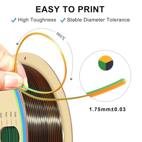Image of YOUSU Silk PLA 3D Printer Filament, Tri-Color Coextrusion PLA Filament 1.75mm,Shiny Silk Coextruded PLA,Silk Gold-Green-Black Three-Color Filament,1kg /2.2lbs