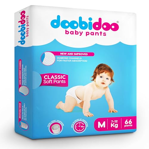 Image of Doobidoo Classic Baby Diaper Pants - M Size | High Absorbency with Cottony Bubble Soft Topsheet, Anti-Leak Side Cuffs & Rash-Free Comfort | Gentle Protection (7-12 kg) - Pack of 1 | 66 Count