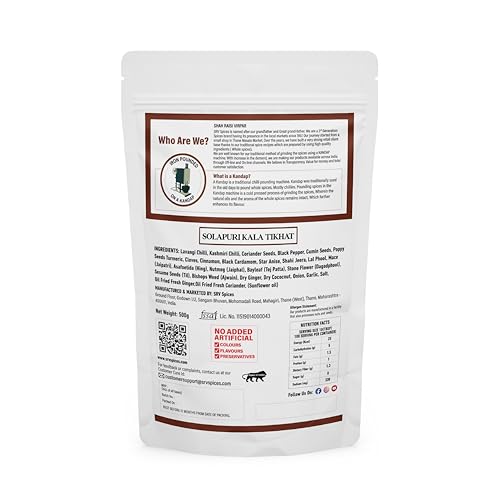 Image of SRV SPICES Solapuri Kala Tikhat Masala | Authentic Spicy & Smoky Indian Masala | Rich, Aromatic Flavor for Traditional Dishes | Iron Pounded for Intense Taste | Low Temperature Grinding (LTG) to Preserve Natural Oils | 500g Pack