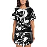 GUOLGP Damen-Pyjama-Set mit Musiknoten-Druck, weich, kurzärmelig, Nachtwäsche, bequem, Loungewear, lässige Nachtwäsche, Schwarz / Weiß, Schwarz , XXL