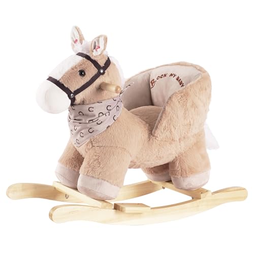 Rock My Baby Rocking Horse, Baby Animal Rocking Horse with Seat, Ride on Horse, Plush Rocking Horse with Realistic Sound, Wooden Rocking Horses Ages 1-3 (Caramel Color Horse), CPC Certified