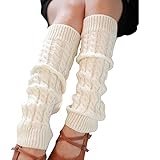 QUUPY 1 Paar weiße Beinstulpen Zopfmuster Lange Socken Häkeln Strick Stiefel Manschetten Herbst Winter Dicker Kniehoch Bein Strumpf für Frauen Mädchen
