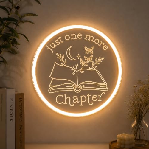 Image of Just One More Chapter Reading Nook Neon Sign, Dimmable Warm White LED Acrylic Wall Decor, 12V Book Lover Neon Light for Bedroom, Home Library, Reading Corner Decoration
