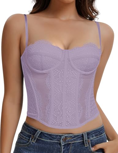 Image of Lace Corset Tops for Women Sexy Going Out Bustier Top Sleeveless Adjustable Straps Crop Tops with Back Hooks