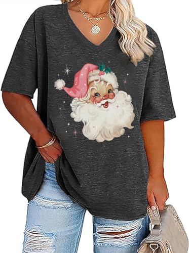 FCHICH Plus Size V Neck Merry Christmas T Shirt Women Cute Xmas Trees Graphic Tee Casual Loose Fit Holiday Tops Blouse