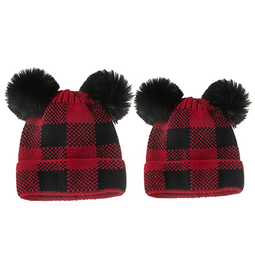 Image of SJIAO Knitted Red Plaid Christmas Hats Mommy Me Matching Winter Hats Baby Warm Hats Mother and Kids Matching Christmas Hats Autumn (B), One Size