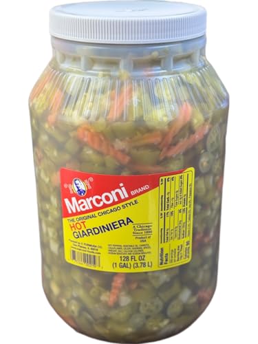 Marconi Hot Giardiniera, Chicago Style Vegetable Mix with Peppers, Carrots, Cauliflower, Celery Gherkins, Bulk Jar, 128 fl oz (1 Gallon)