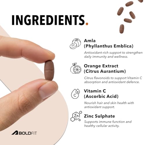 Image of Boldfit Vitamin C Tablets for Men and Women Vitamin C Supplement with Amla Orange Extract and Zinc Immunity Booster Tablets for SkinCare, Antioxidant and Energy - 60 Veg Tablets