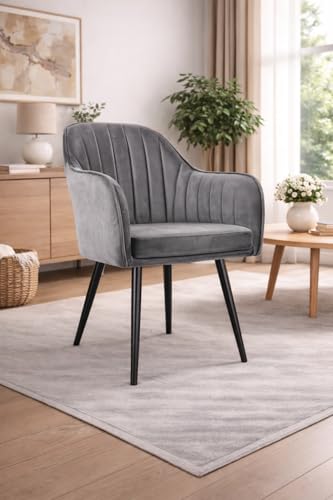 Image of Plush Dining Chair | Accent Chair for Living Room Bedroom Restuarant | Velvet Fabric & Thick Cushion Seat with Sturdy Glossy Metal Legs (Black Legs, Grey)