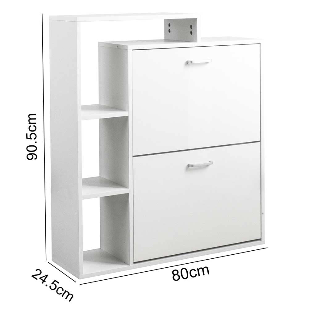 BAKAJI Slim Oszczędność miejsca na buty na buty z półką 4 półki drewniane MDF 2 drzwi z podwójną głębokością 80 x 24 x 90,5 cm nowoczesny design w kolorze białym