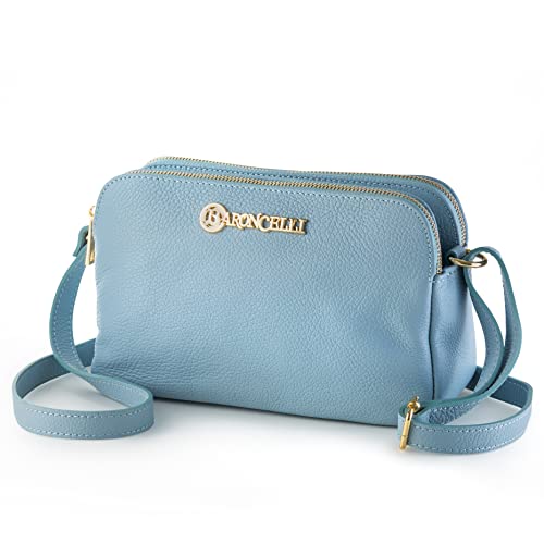 Baroncelli Crossbody Bag Made in Italy with Long Stripe Genuine Italian Soft Leather Blue