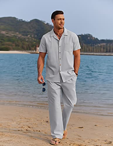 Image of COOFANDY Men 2 Piece Linen Outfit Beach Button Down Shirt Casual Loose Pant Sets