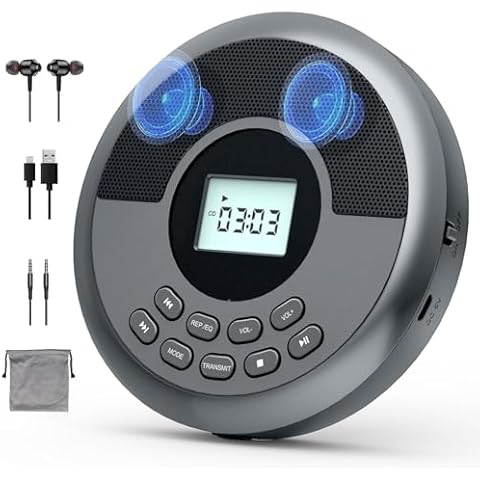 KUEPHOM Portable CD Player with Bluetooth,Rechargeable CD Player for Car with Speakers,Walkman CD Player with Headphones and Anti-Skip Protection,Discman with LCD Display,AUX Cable. Cover