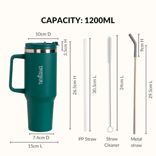 Image of Nestasia GripSip40 Tumbler with Straw & Side Handle 1.2L | Insulated Stainless Steel Sipper Water Bottle for Adults with Dual Flip Opening Sip-Swig Leakproof Lid for Office & Gym (Emerald Isle)