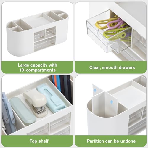 MumdoYAL Schreibtisch Organizer mit 6 Fächern und 3 Schubladen - Multifunktionales Platzwunder in Weiß