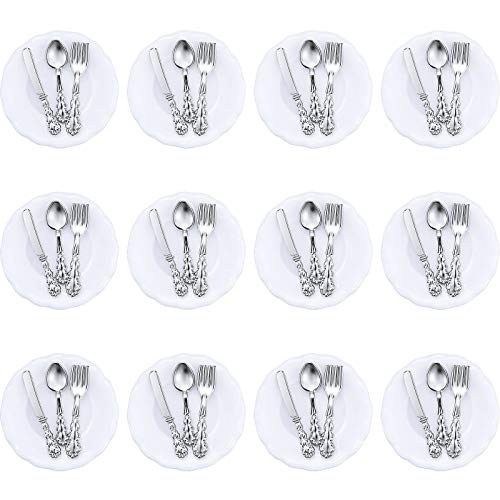 12 Pieces 1:12 Scale Miniature Plates and 12 Pieces Knives Forks Spoons Metal Tableware Dollhouse Miniatures Porcelain Plate Set Dollhouse Kitchen Accessories Dollhouse Decoration Accessories