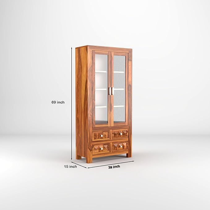 Image of Sheesham Wood Bookcases with 4 Shelves 4 Drawer - Wooden Kitchen Crockery Cabinet for Dining Room Kitchen with Glass Door Book Shelf Wooden Rack for Living Room (Henry Honey)